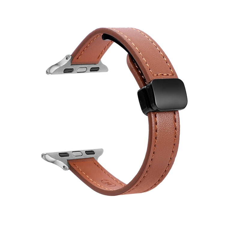 For Apple Watch SE 2022 44mm Slim Magnetic Buckle Genuine Leather Watch Band(Plain Brown) - Watch Bands by PMC Jewellery | Online Shopping South Africa | PMC Jewellery