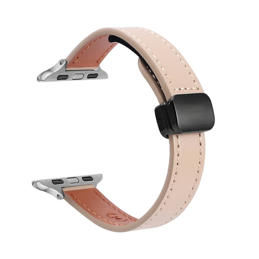 For Apple Watch Series 7 41mm Slim Magnetic Buckle Genuine Leather Watch Band(Plain Apricot) - Watch Bands by PMC Jewellery | Online Shopping South Africa | PMC Jewellery