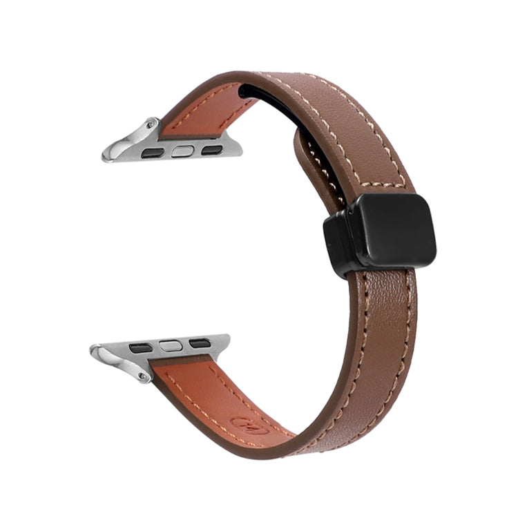 For Apple Watch Series 5 44mm Slim Magnetic Buckle Genuine Leather Watch Band(Plain Coffee) - Watch Bands by PMC Jewellery | Online Shopping South Africa | PMC Jewellery