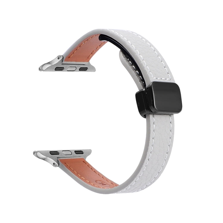 For Apple Watch 42mm Slim Magnetic Buckle Genuine Leather Watch Band(Litchi Grey) - Watch Bands by PMC Jewellery | Online Shopping South Africa | PMC Jewellery