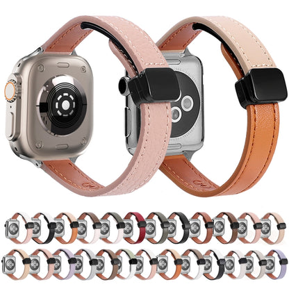 For Apple Watch SE 2023 40mm Slim Magnetic Buckle Genuine Leather Watch Band(Litchi Pink) - Watch Bands by PMC Jewellery | Online Shopping South Africa | PMC Jewellery