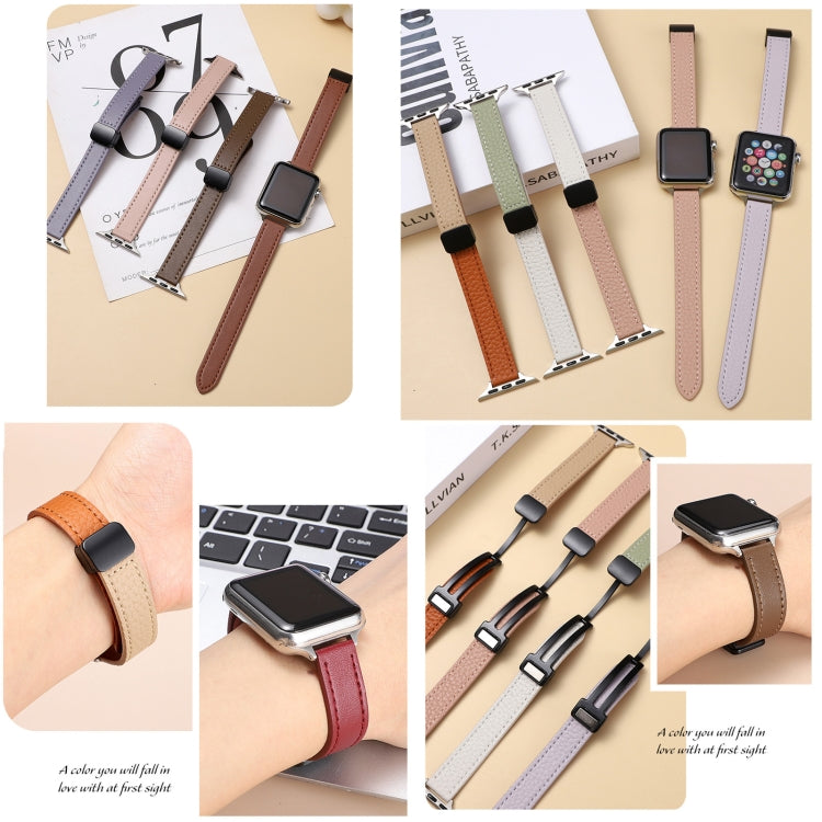 For Apple Watch Series 5 44mm Slim Magnetic Buckle Genuine Leather Watch Band(Litchi Pink Beige) - Watch Bands by PMC Jewellery | Online Shopping South Africa | PMC Jewellery