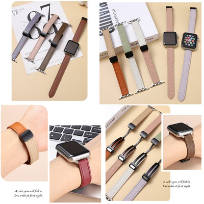 For Apple Watch Series 3 42mm Slim Magnetic Buckle Genuine Leather Watch Band(Litchi Beige) - Watch Bands by PMC Jewellery | Online Shopping South Africa | PMC Jewellery