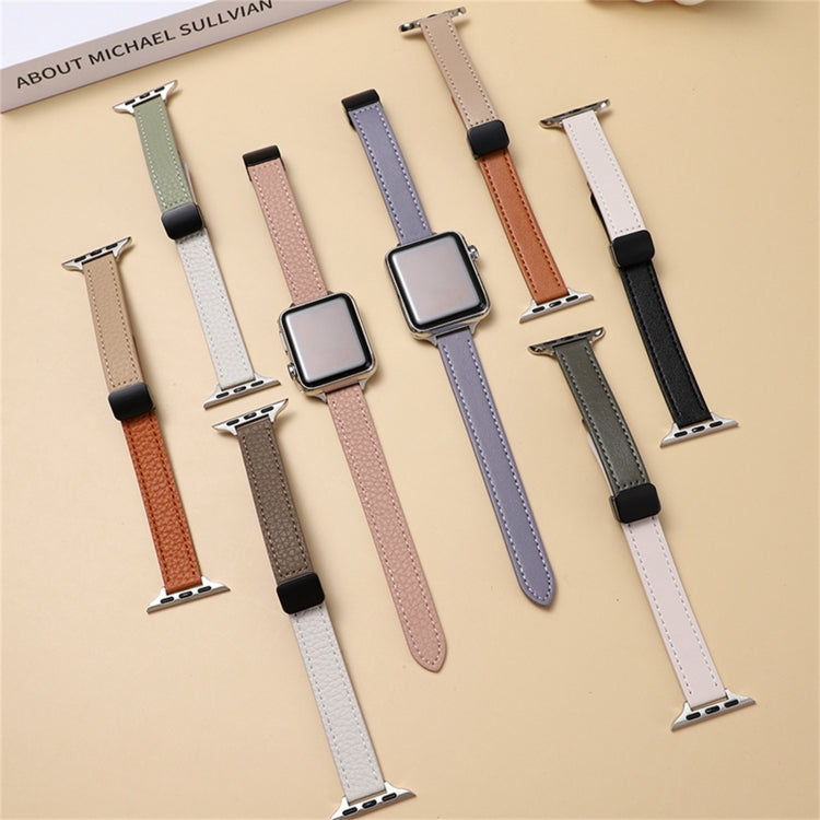 For Apple Watch Series 5 44mm Slim Magnetic Buckle Genuine Leather Watch Band(Litchi Apricot) - Watch Bands by PMC Jewellery | Online Shopping South Africa | PMC Jewellery