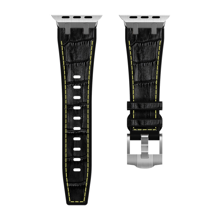 For Apple Watch SE 2023 44mm Crocodile Texture Liquid Silicone Watch Band(Silver Yellow Black) - Watch Bands by PMC Jewellery | Online Shopping South Africa | PMC Jewellery