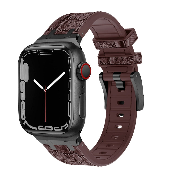 For Apple Watch Series 9 45mm Crocodile Texture Liquid Silicone Watch Band(Black Dark Brown) - Watch Bands by PMC Jewellery | Online Shopping South Africa | PMC Jewellery