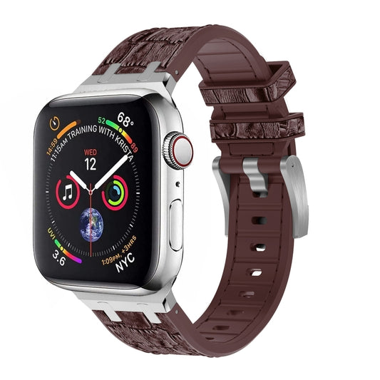 For Apple Watch Series 9 45mm Crocodile Texture Liquid Silicone Watch Band(Silver Dark Brown) - Watch Bands by PMC Jewellery | Online Shopping South Africa | PMC Jewellery