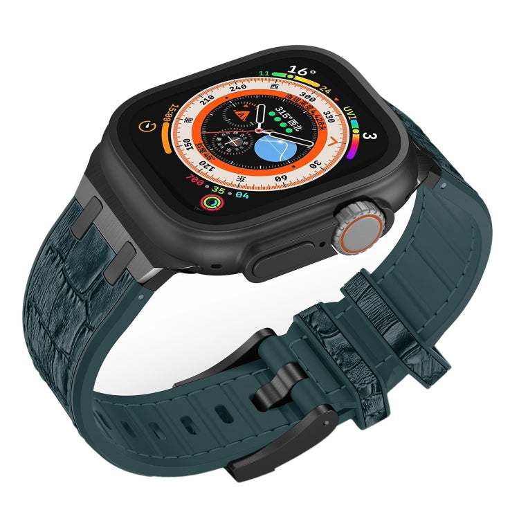 For Apple Watch Series 8 45mm Crocodile Texture Liquid Silicone Watch Band(Black Deep Green) - Watch Bands by PMC Jewellery | Online Shopping South Africa | PMC Jewellery