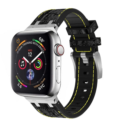 For Apple Watch SE 2022 44mm Crocodile Texture Liquid Silicone Watch Band(Silver Yellow Black) - Watch Bands by PMC Jewellery | Online Shopping South Africa | PMC Jewellery