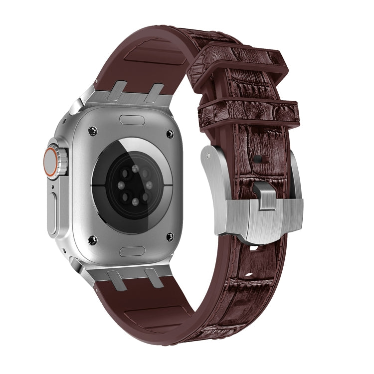 For Apple Watch SE 40mm Crocodile Texture Liquid Silicone Watch Band(Silver Dark Brown) - Watch Bands by PMC TechLife | Online Shopping South Africa | PMC TechLife