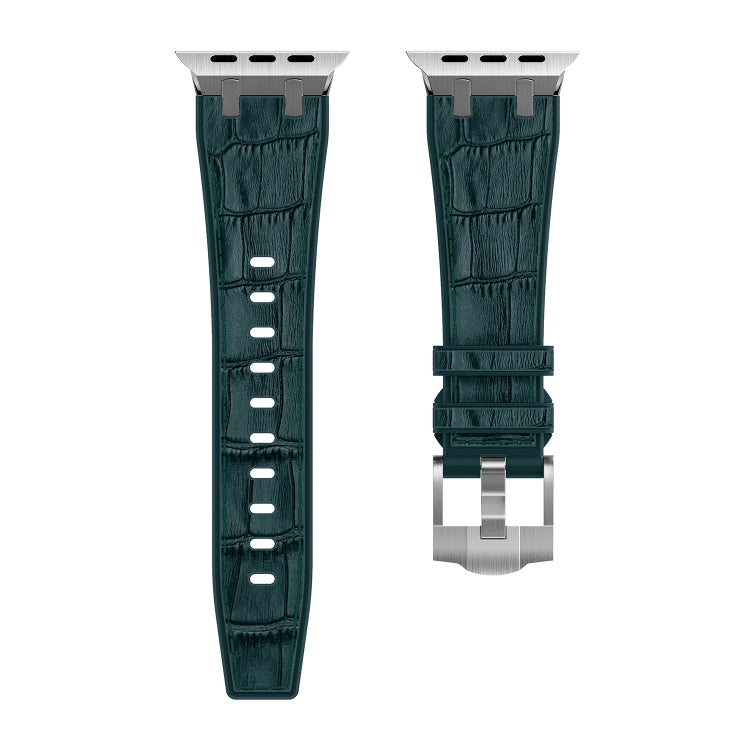 For Apple Watch SE 44mm Crocodile Texture Liquid Silicone Watch Band(Silver Deep Green) - Watch Bands by PMC Jewellery | Online Shopping South Africa | PMC Jewellery