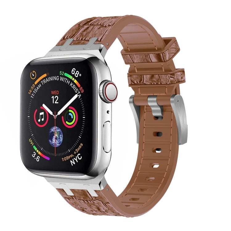 For Apple Watch Series 4 44mm Crocodile Texture Liquid Silicone Watch Band(Silver Yellow Brown) - Watch Bands by PMC Jewellery | Online Shopping South Africa | PMC Jewellery