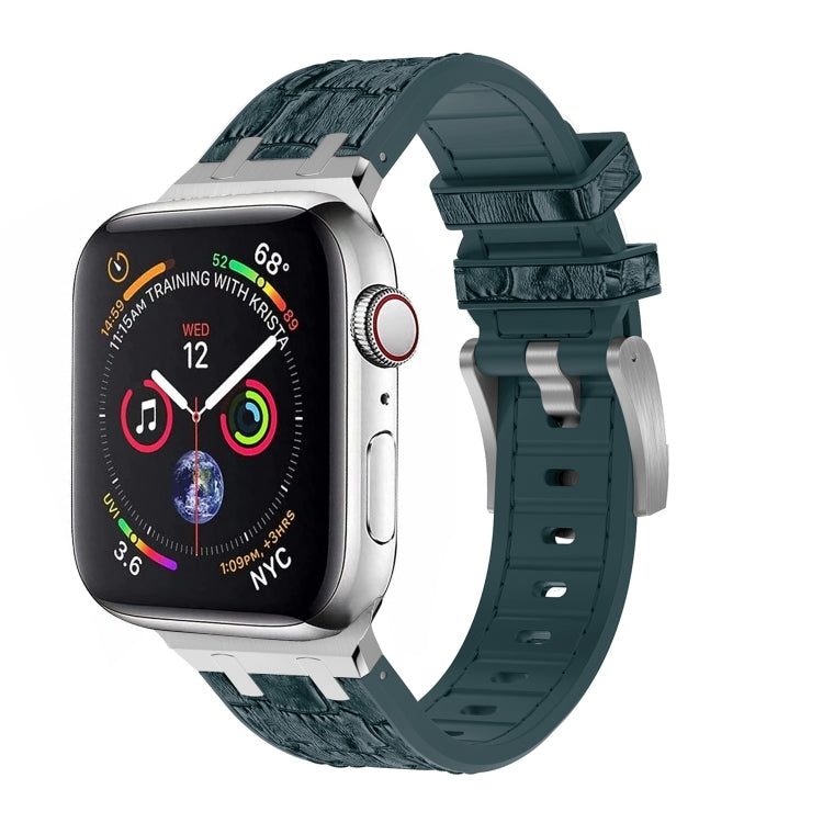 For Apple Watch Series 2 38mm Crocodile Texture Liquid Silicone Watch Band(Silver Deep Green) - Watch Bands by PMC TechLife | Online Shopping South Africa | PMC TechLife
