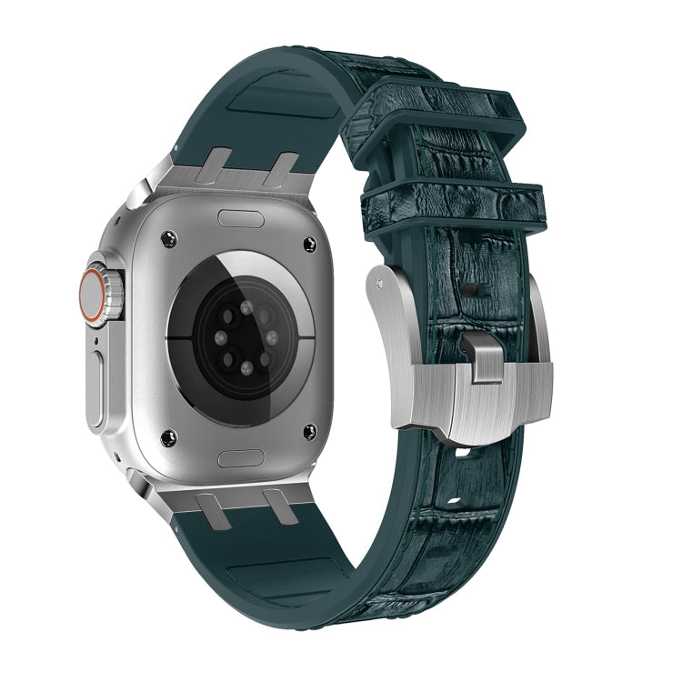 For Apple Watch Series 2 38mm Crocodile Texture Liquid Silicone Watch Band(Silver Deep Green) - Watch Bands by PMC TechLife | Online Shopping South Africa | PMC TechLife