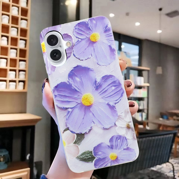 For iPhone 16 Plus Colorful Painting Pattern TPU Phone Case(Purple Flowers) - iPhone 16 Plus Cases by PMC Jewellery | Online Shopping South Africa | PMC Jewellery | Buy Now Pay Later Mobicred