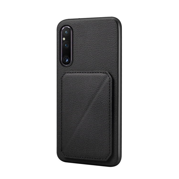 For Sony Xperia 1 V D04 Calf Texture Dual Card Slot Holder Phone Case(Black) - Sony Cases by PMC Jewellery | Online Shopping South Africa | PMC Jewellery | Buy Now Pay Later Mobicred