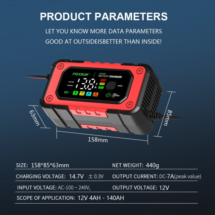 FOXSUR 7A 12V Car / Motorcycle Smart Battery Charger, Plug Type:US Plug(Red) - free shipping - PMC TechLife - Order now!