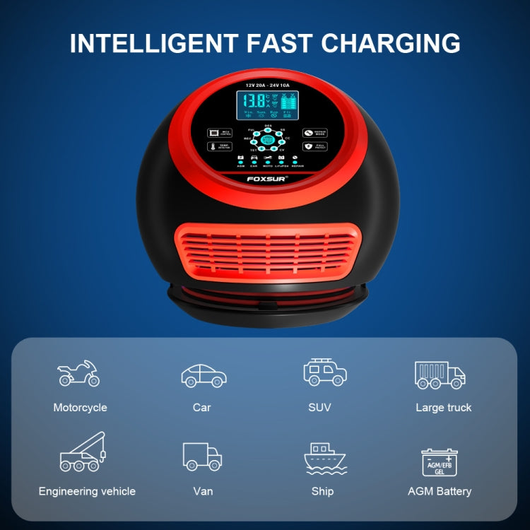 FOXSUR 20A 12V 24V Car / Motorcycle Smart Battery Charger, Plug Type:EU Plug(Red) - Battery Charger by FOXSUR | Online Shopping South Africa | PMC Jewellery | Buy Now Pay Later Mobicred