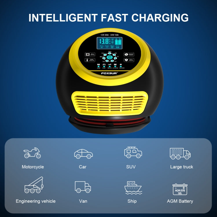 FOXSUR 20A 12V 24V Car / Motorcycle Smart Battery Charger, Plug Type:UK Plug(Yellow) - Battery Charger by FOXSUR | Online Shopping South Africa | PMC Jewellery | Buy Now Pay Later Mobicred