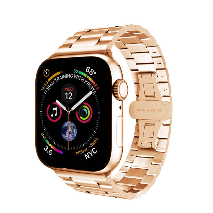 For Apple Watch 38mm Three-bead Butterfly Buckle Metal Watch Band(Rose Gold) - Watch Bands by PMC Jewellery | Online Shopping South Africa | PMC Jewellery