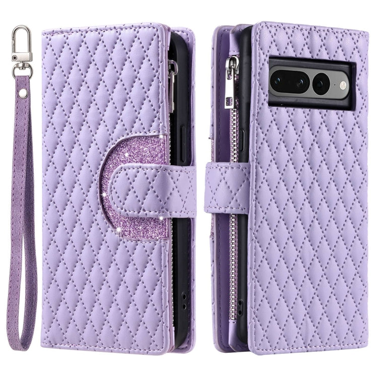 For Google Pixel 7 Pro 5G Glitter Lattice Zipper Wallet Leather Phone Case(Purple) - Google Cases by PMC Jewellery | Online Shopping South Africa | PMC Jewellery | Buy Now Pay Later Mobicred