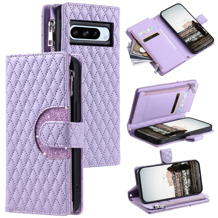 For Google Pixel 8 Pro Glitter Lattice Zipper Wallet Leather Phone Case(Purple) - Google Cases by PMC Jewellery | Online Shopping South Africa | PMC Jewellery | Buy Now Pay Later Mobicred