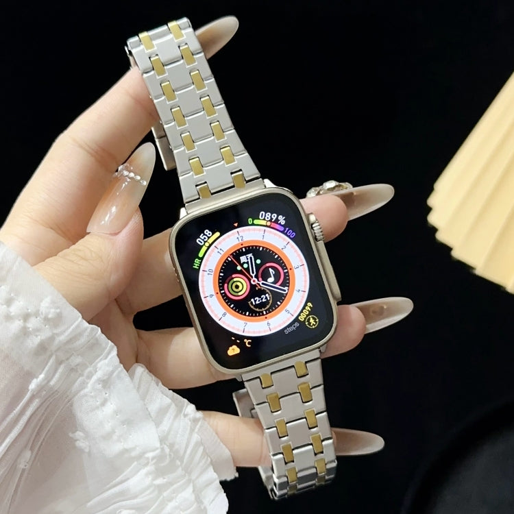 For Apple Watch Series 9 45mm Double T Stainless Steel Watch Band(Silver Gold) - Watch Bands by PMC Jewellery | Online Shopping South Africa | PMC Jewellery