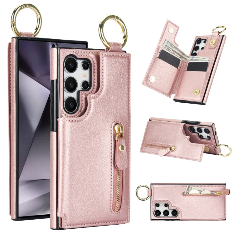 For Samsung Galaxy S24 Ultra 5G Litchi Texture Zipper Double Buckle Card Bag Phone Case(Rose Gold) - Galaxy S24 Ultra 5G Cases by PMC Jewellery | Online Shopping South Africa | PMC Jewellery | Buy Now Pay Later Mobicred