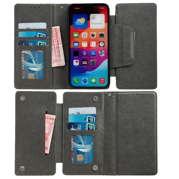 For iPhone 16 Pro Max Multifunctional Seven Cards Wallet Leather Phone Case(Grey) - iPhone 16 Pro Max Cases by PMC Jewellery | Online Shopping South Africa | PMC Jewellery | Buy Now Pay Later Mobicred