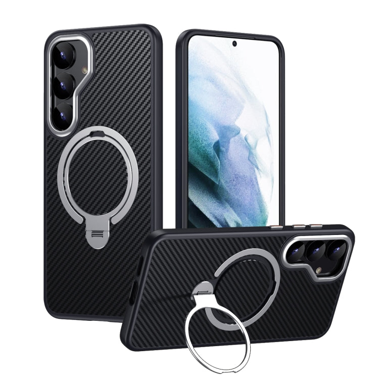 For Samsung Galaxy S25+ 5G Double Ring MagSafe Holder Carbon Fibre Phone Case(Silver) - Galaxy S25+ 5G Cases by PMC Jewellery | Online Shopping South Africa | PMC Jewellery | Buy Now Pay Later Mobicred