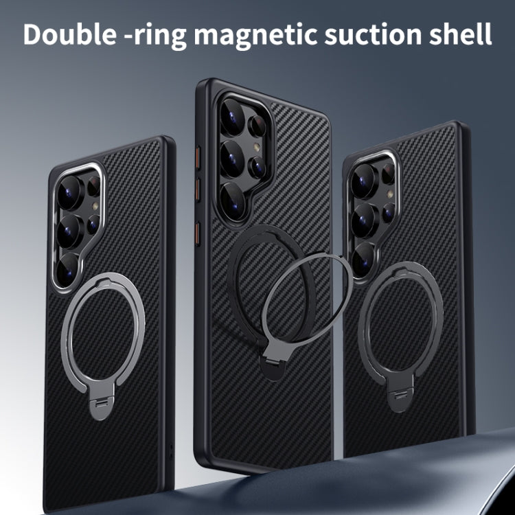 For Samsung Galaxy S25 Ultra 5G Double Ring MagSafe Holder Carbon Fibre Phone Case(Black) - Galaxy S25 Ultra 5G Cases by PMC Jewellery | Online Shopping South Africa | PMC Jewellery | Buy Now Pay Later Mobicred