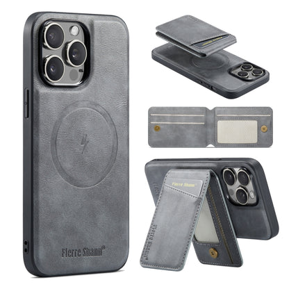 For iPhone 16 Pro Fierre Shann Cowhide Vertical Flip Magnetic Card Holder Phone Case(Grey) - iPhone 16 Pro Cases by FIERRE SHANN | Online Shopping South Africa | PMC Jewellery | Buy Now Pay Later Mobicred