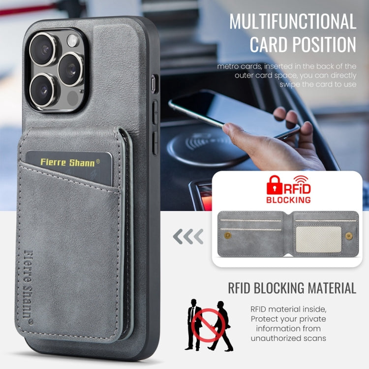 For iPhone 16 Pro Fierre Shann Oil Wax Cow Leather Magnetic Card Holder Phone Case(Grey) - iPhone 16 Pro Cases by FIERRE SHANN | Online Shopping South Africa | PMC Jewellery | Buy Now Pay Later Mobicred