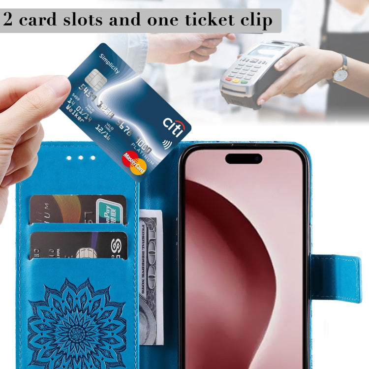 For iPhone 16 Pro Embossed Sunflower Pattern Flip Leather Phone Case(Blue) - iPhone 16 Pro Cases by PMC TechLife | Online Shopping South Africa | PMC TechLife | Buy Now Pay Later Mobicred