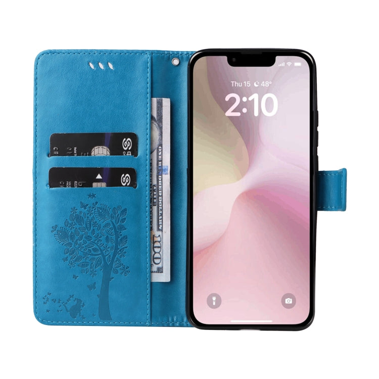 For iPhone SE 2024 Tree & Cat Embossed Pattern Flip Leather Phone Case(Blue) - More iPhone Cases by PMC Jewellery | Online Shopping South Africa | PMC Jewellery | Buy Now Pay Later Mobicred