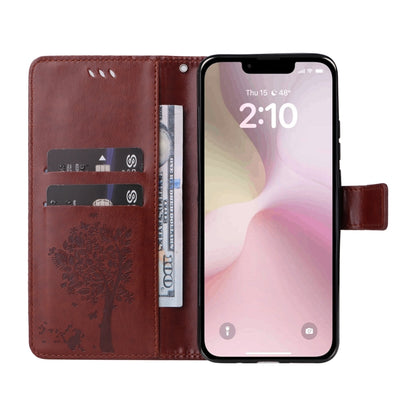 For iPhone SE 2024 Tree & Cat Embossed Pattern Flip Leather Phone Case(Coffee) - More iPhone Cases by PMC Jewellery | Online Shopping South Africa | PMC Jewellery | Buy Now Pay Later Mobicred