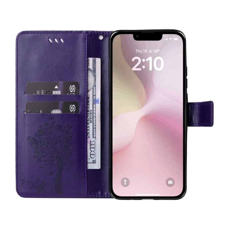 For iPhone SE 2024 Tree & Cat Embossed Pattern Flip Leather Phone Case(Purple) - More iPhone Cases by PMC Jewellery | Online Shopping South Africa | PMC Jewellery | Buy Now Pay Later Mobicred