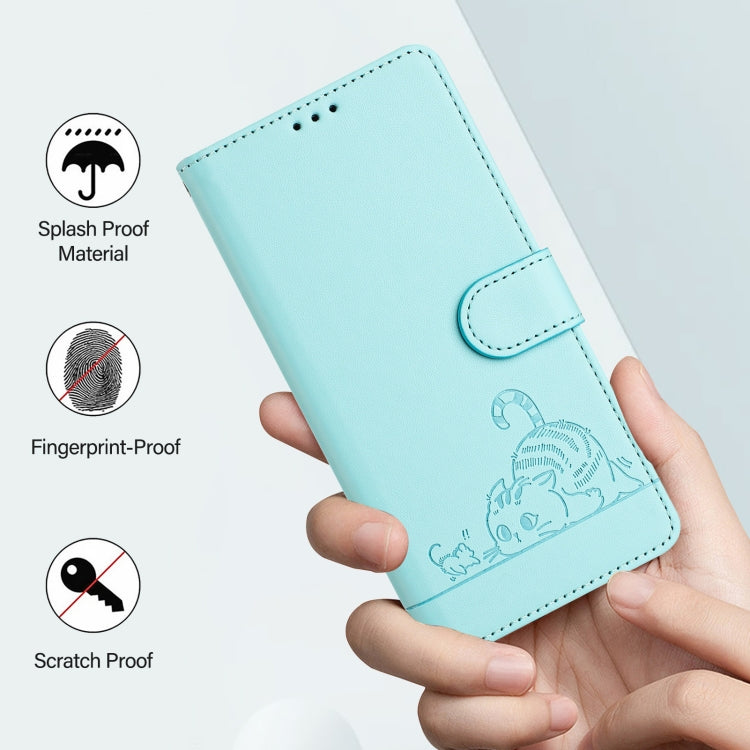 For OPPO A60 4G Global Cat Rat Embossed Pattern RFID Leather Phone Case with Lanyard(Mint Green) - OPPO Cases by PMC Jewellery | Online Shopping South Africa | PMC Jewellery | Buy Now Pay Later Mobicred