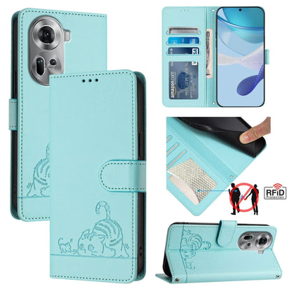 For OPPO Reno11 5G Global Cat Rat Embossed Pattern RFID Leather Phone Case with Lanyard(Mint Green) - Reno11 Cases by PMC Jewellery | Online Shopping South Africa | PMC Jewellery | Buy Now Pay Later Mobicred