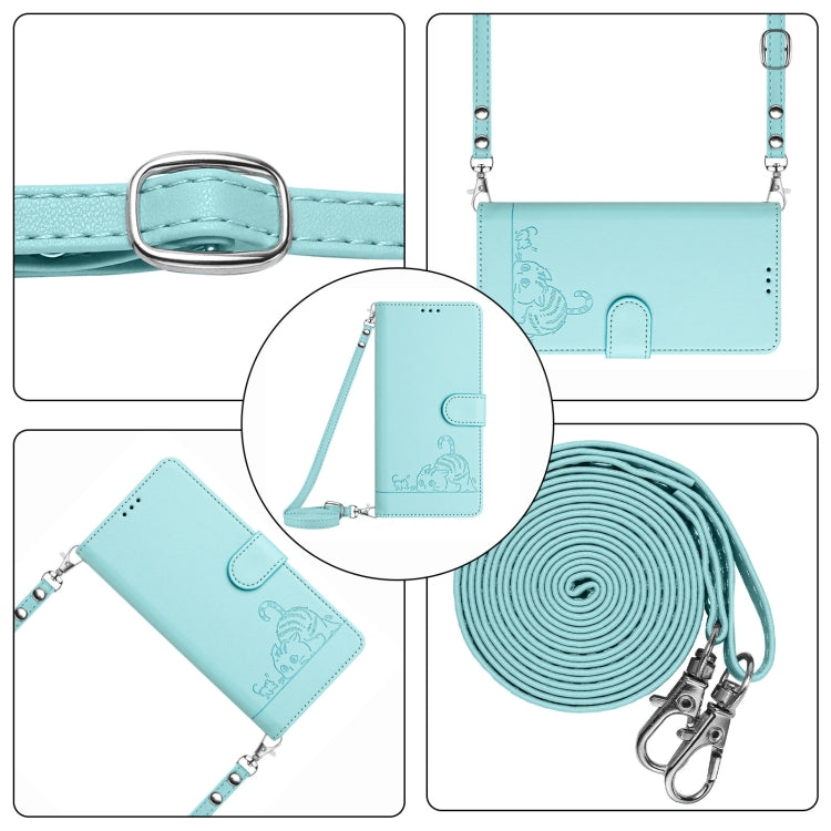 For OPPO Reno11 5G Global Cat Rat Embossed Pattern RFID Leather Phone Case with Lanyard(Mint Green) - Reno11 Cases by PMC Jewellery | Online Shopping South Africa | PMC Jewellery | Buy Now Pay Later Mobicred