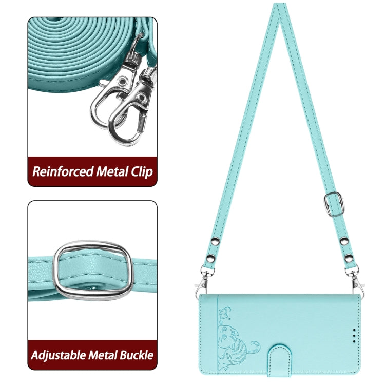 For OPPO Reno11 F 5G Global Cat Rat Embossed Pattern RFID Leather Phone Case with Lanyard(Mint Green) - Reno11 F Cases by PMC Jewellery | Online Shopping South Africa | PMC Jewellery | Buy Now Pay Later Mobicred