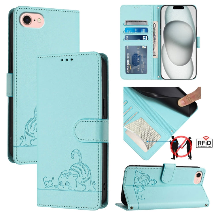 For iPhone SE 2024 Cat Rat Embossed Pattern RFID Leather Phone Case with Lanyard(Mint Green) - More iPhone Cases by PMC Jewellery | Online Shopping South Africa | PMC Jewellery | Buy Now Pay Later Mobicred