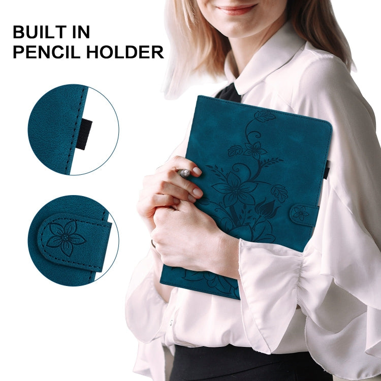 For Lenovo Tab M8 4th Gen TB300FU Lily Embossed Leather Tablet Case(Dark Blue) - Lenovo by PMC TechLife | Online Shopping South Africa | PMC TechLife | Buy Now Pay Later Mobicred