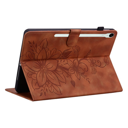 For Samsung Galaxy Tab S9 / S9 FE Lily Embossed Leather Tablet Case(Brown) - Galaxy Tab S9 Cases by PMC Jewellery | Online Shopping South Africa | PMC Jewellery | Buy Now Pay Later Mobicred