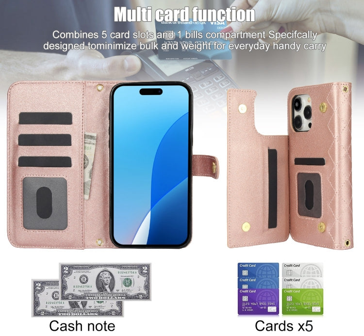 For iPhone 16 Pro Max Crossbody Multifunction Rhombic Leather Phone Case(Rose Gold) - iPhone 16 Pro Max Cases by PMC Jewellery | Online Shopping South Africa | PMC Jewellery | Buy Now Pay Later Mobicred