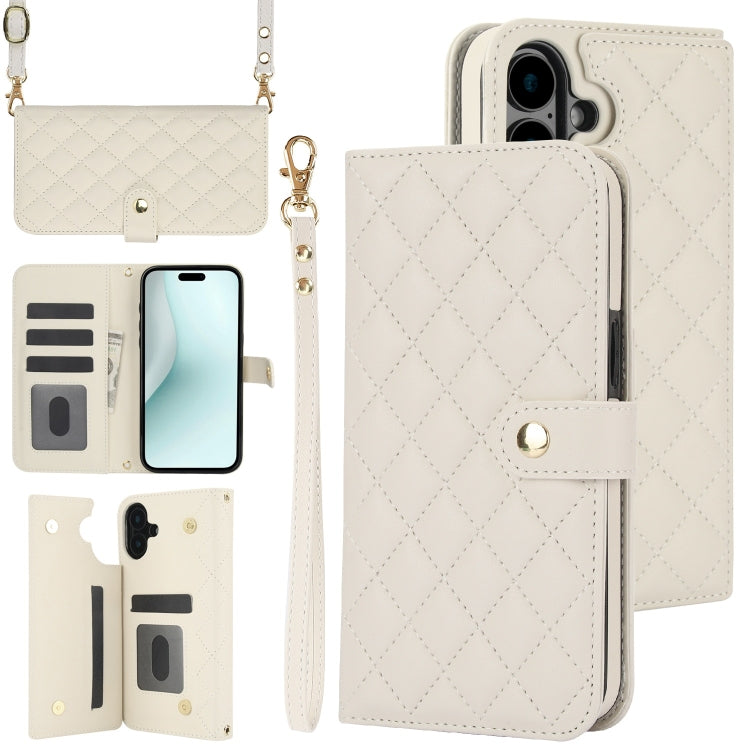 For iPhone 16 Plus Crossbody Multifunction Rhombic Leather Phone Case(White) - iPhone 16 Plus Cases by PMC Jewellery | Online Shopping South Africa | PMC Jewellery | Buy Now Pay Later Mobicred