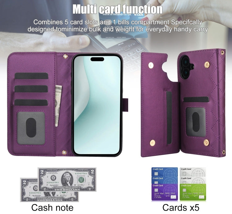 For iPhone 16 Plus Crossbody Multifunction Rhombic Leather Phone Case(Dark Purple) - iPhone 16 Plus Cases by PMC Jewellery | Online Shopping South Africa | PMC Jewellery | Buy Now Pay Later Mobicred