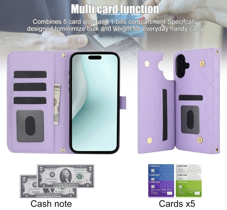 For iPhone 16 Plus Crossbody Multifunction Rhombic Leather Phone Case(Purple) - iPhone 16 Plus Cases by PMC Jewellery | Online Shopping South Africa | PMC Jewellery | Buy Now Pay Later Mobicred