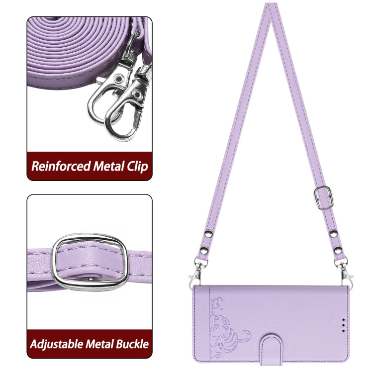 For Motorola Moto G Play 4G 2024 Global Cat Rat Embossed Pattern RFID Leather Phone Case with Lanyard(Purple) - Motorola Cases by PMC Jewellery | Online Shopping South Africa | PMC Jewellery | Buy Now Pay Later Mobicred