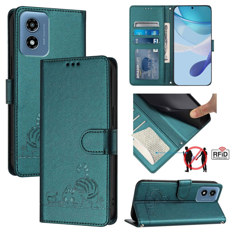 For Motorola Moto G Play 5G 2024 Global Cat Rat Embossed Pattern RFID Leather Phone Case with Lanyard(Peacock Green) - Motorola Cases by PMC Jewellery | Online Shopping South Africa | PMC Jewellery | Buy Now Pay Later Mobicred